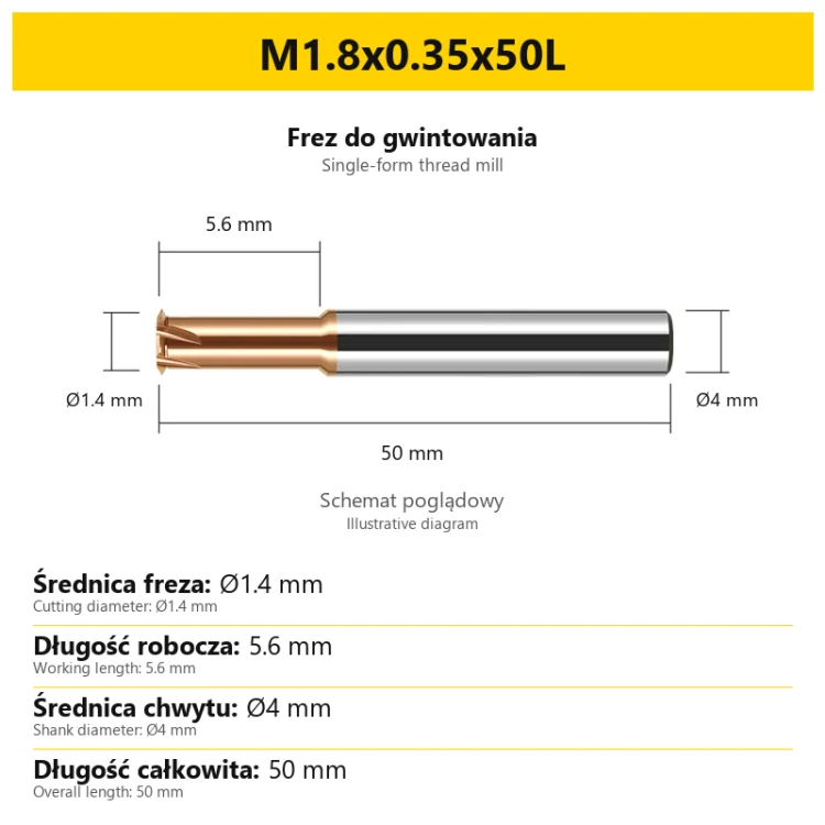 Frez do gwintowania 441 — M1.8x0.35x50L — PL/EN