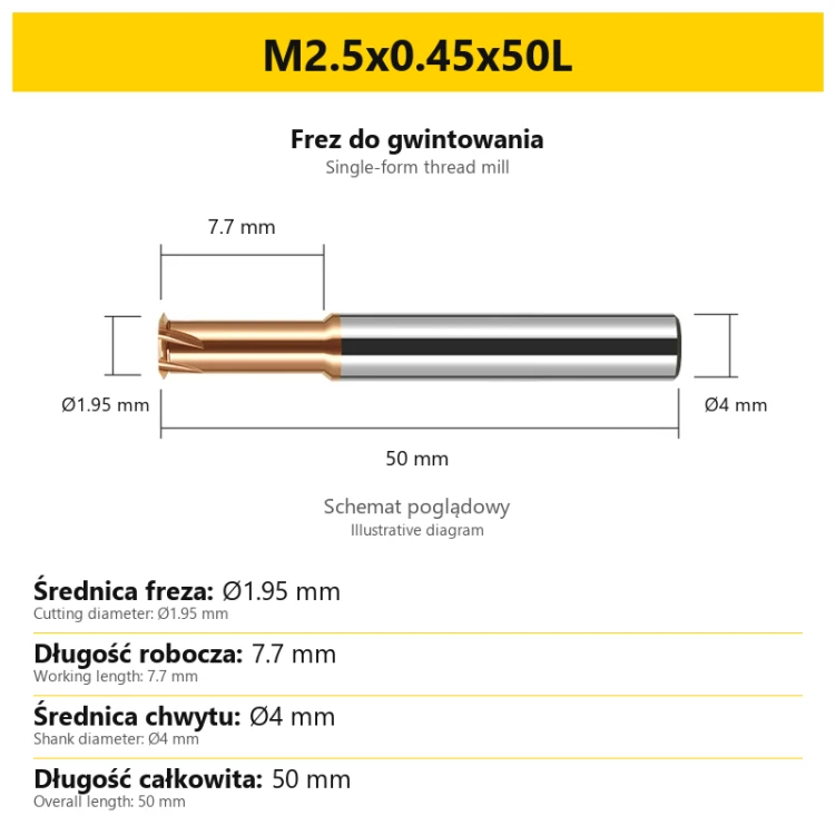 Single-form thread mill — M2.5x0.45x50L — PL/EN