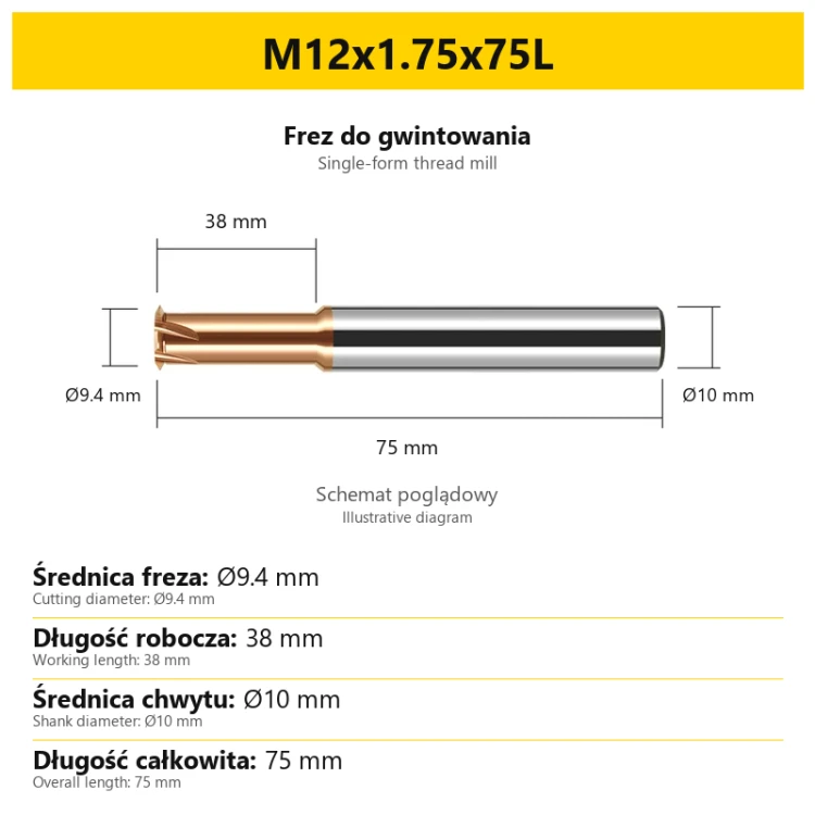 Frez do gwintowania 441 — M12x1.75x75L — PL/EN