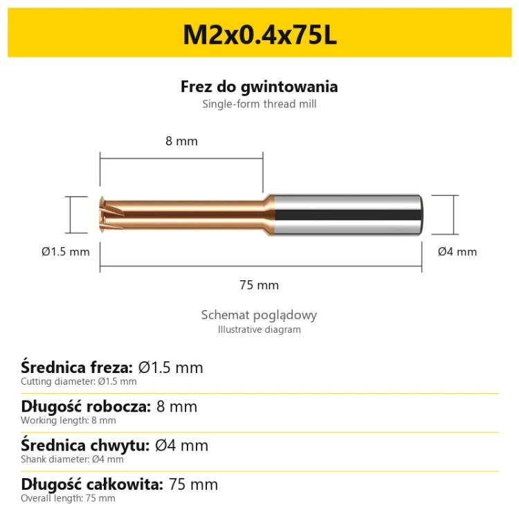 Single-form thread mill — M2x0.4x75L — PL/EN