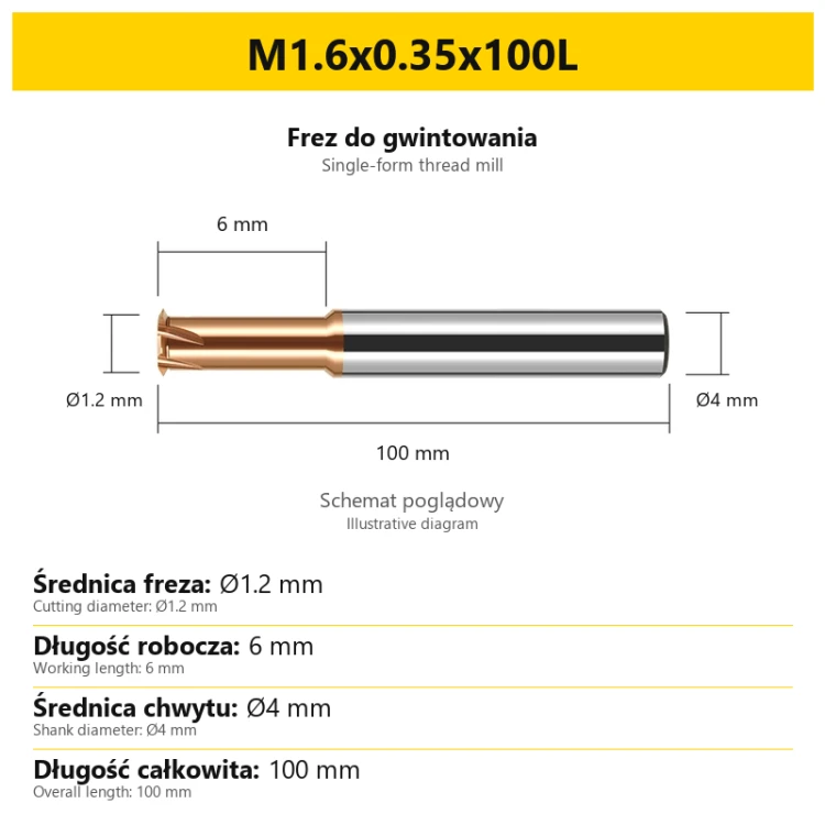 Frez do gwintowania 441 — M1.6x0.35x100L — PL/EN