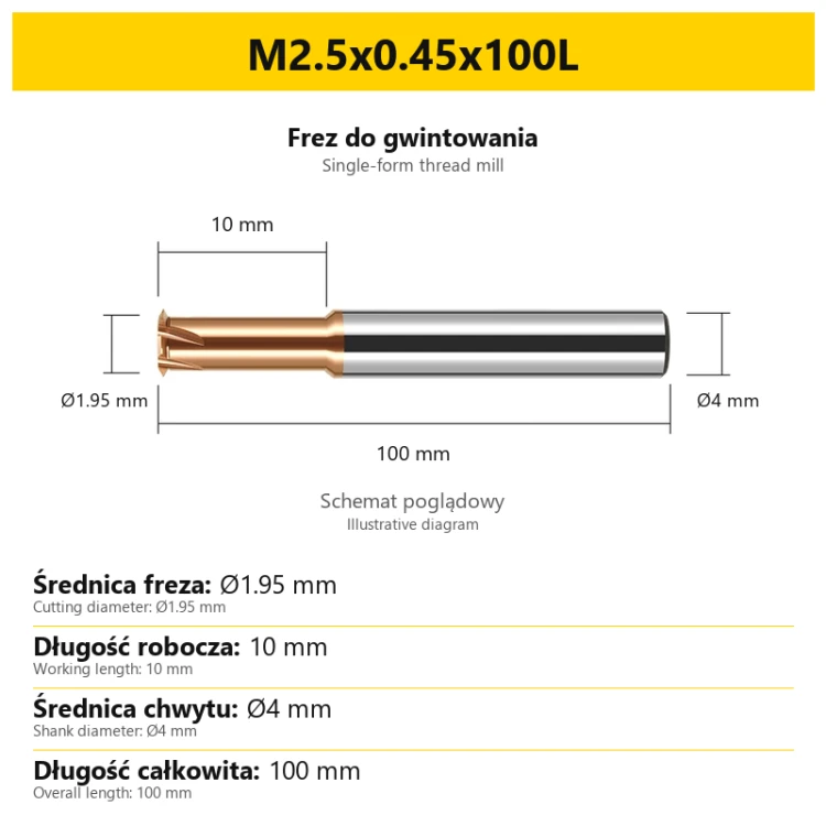 Single-form thread mill — M2.5x0.45x100L — PL/EN