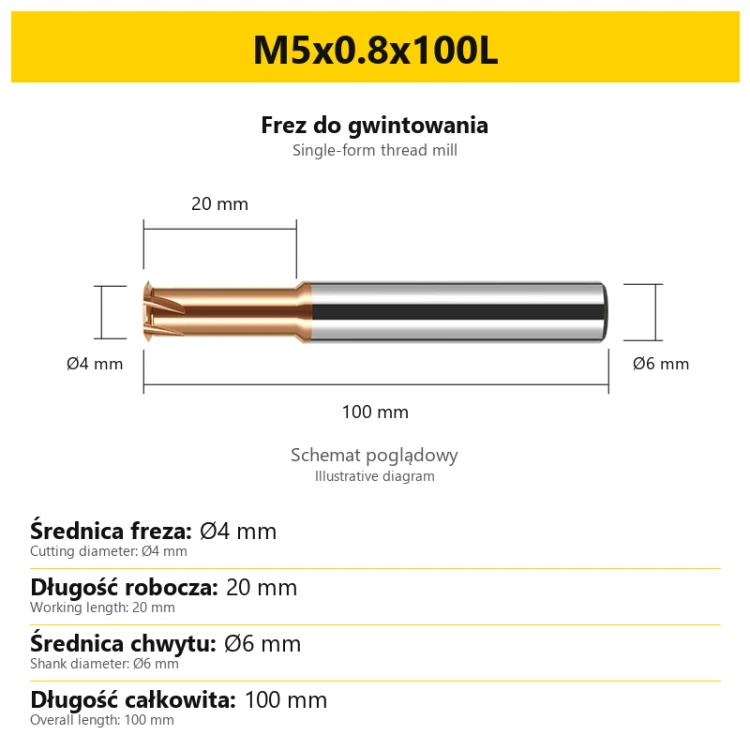 Single-form thread mill — M5x0.8x100L — PL/EN