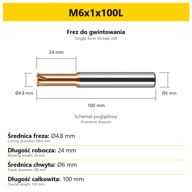 Single-form thread mill — M6x1x100L — PL/EN