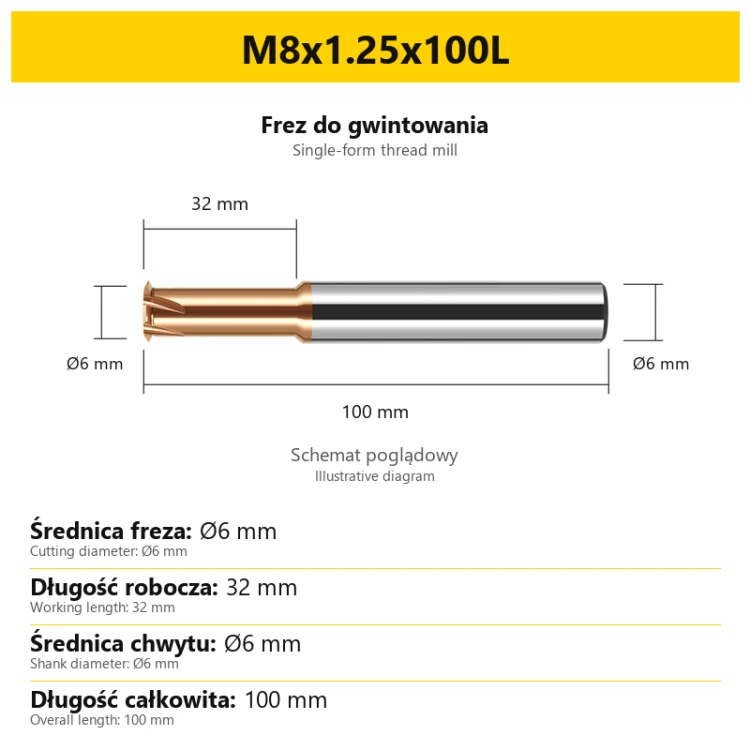 Frez do gwintowania 441 — M8x1.25x100L — PL/EN