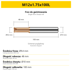 Single-form thread mill — M12x1.75x100L — PL/EN