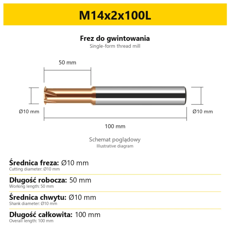 Single-form thread mill — M14x2x100L — PL/EN