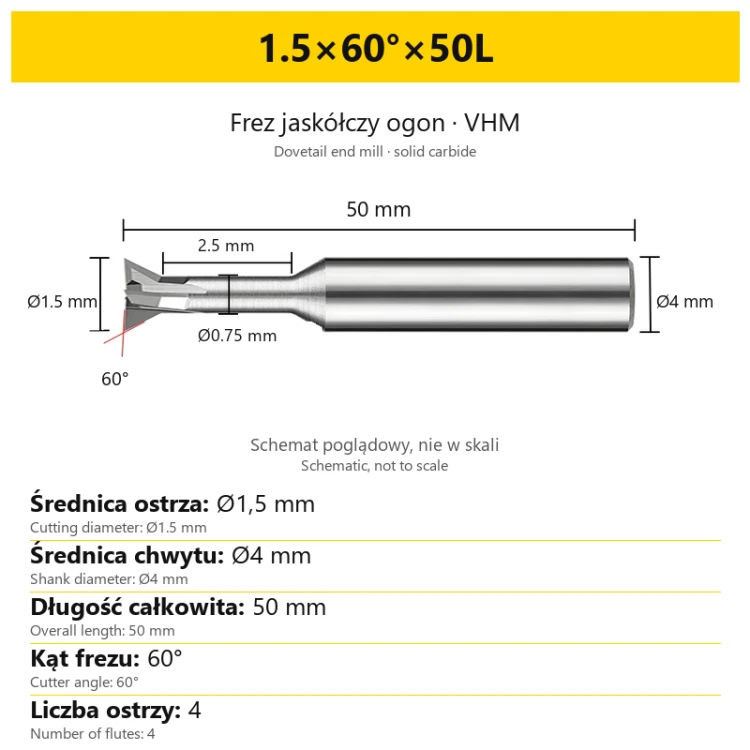 Solid carbide dovetail end mill 1.5×60°×50L