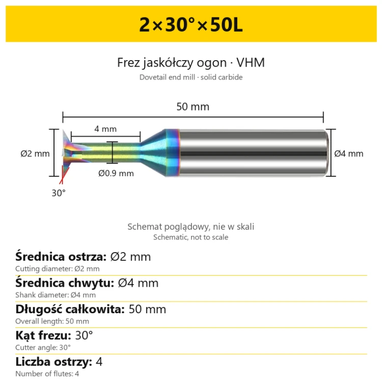 Solid carbide dovetail end mill 2×30°×50L