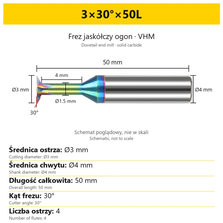 Solid carbide dovetail end mill 3×30°×50L