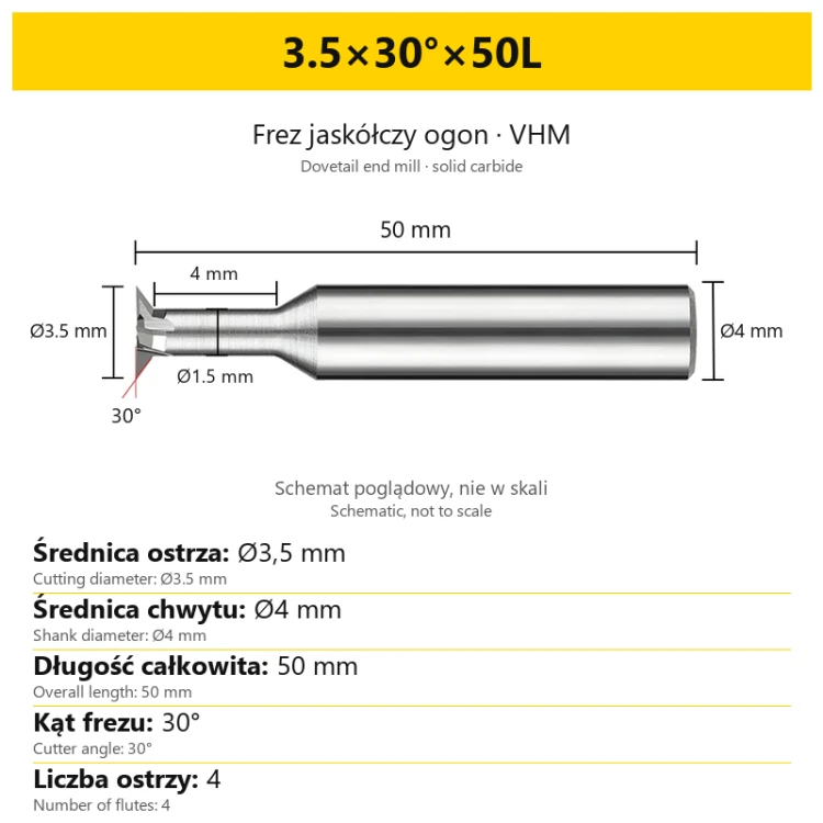 Solid carbide dovetail end mill 3.5×30°×50L