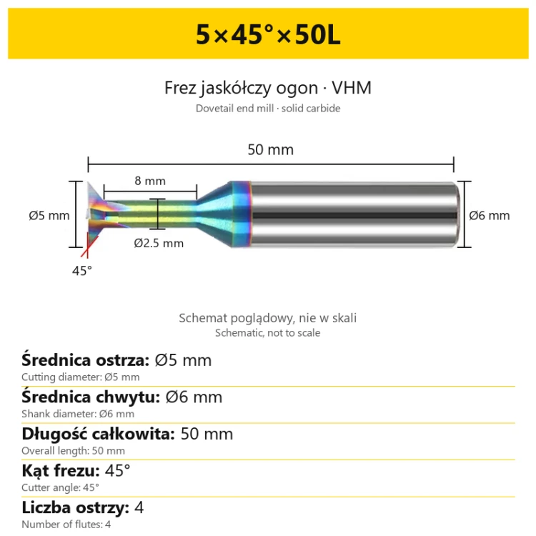 Solid carbide dovetail end mill 5×45°×50L