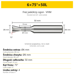 Solid carbide dovetail end mill 6×75°×50L