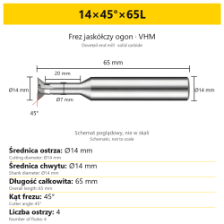 Solid carbide dovetail end mill 14×45°×65L
