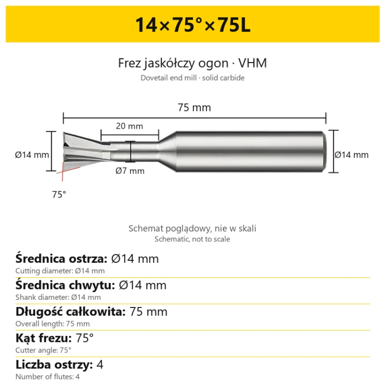 Solid carbide dovetail end mill 14×75°×75L