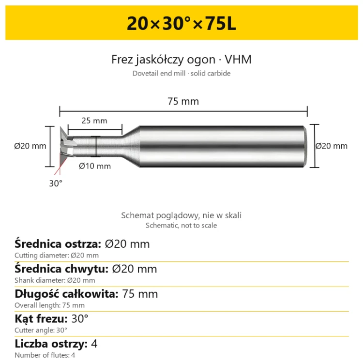 Solid carbide dovetail end mill 20×30°×75L