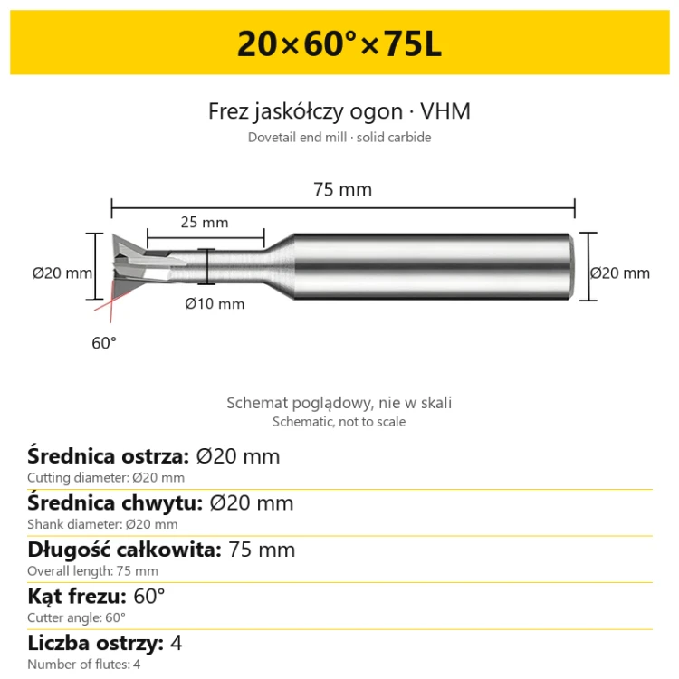 Solid carbide dovetail end mill 20×60°×75L