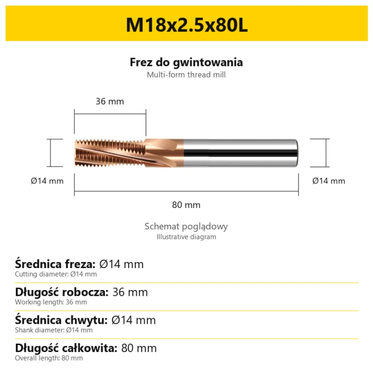 Multi-form thread mill — M18x2.5x80L — PL/EN