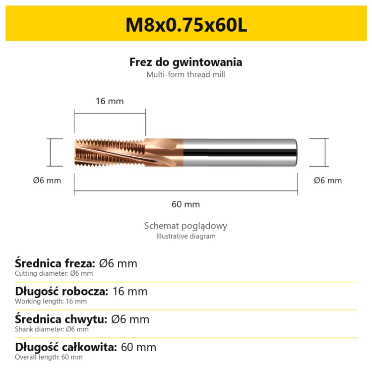 Multi-form thread mill — M8x0.75x60L — PL/EN