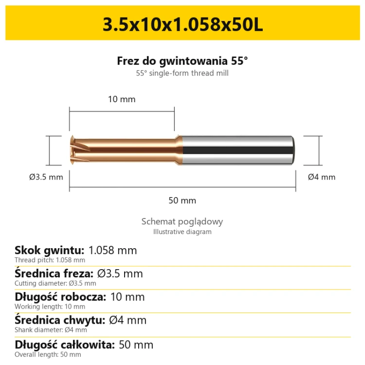 Frez do gwintowania 55° 807 — 3.5x10x1.058x50L — PL/EN