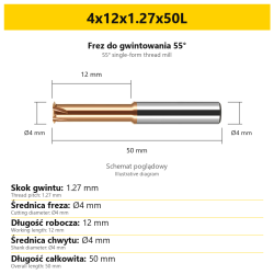 Frez do gwintowania 55° 807 — 4x12x1.27x50L — PL/EN