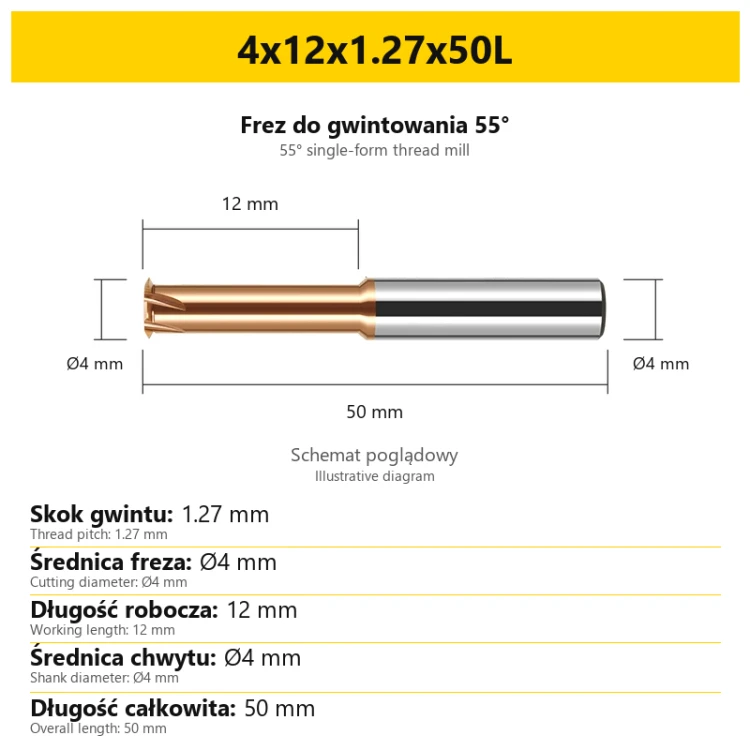 Frez do gwintowania 55° 807 — 4x12x1.27x50L — PL/EN
