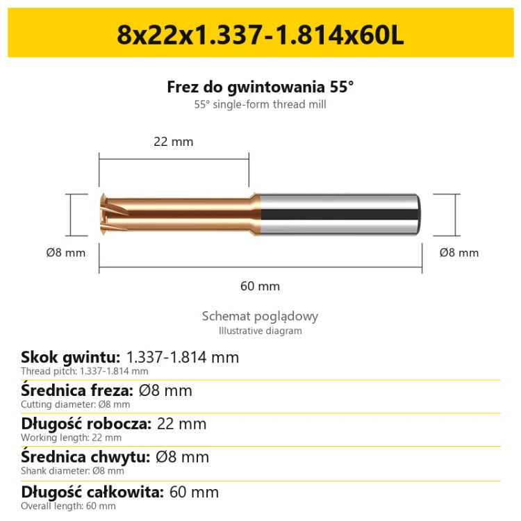 Frez do gwintowania 55° 807 — 8x22x1.337-1.814x60L — PL/EN