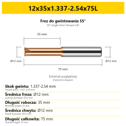 Frez do gwintowania 55° 807 — 12x35x1.337-2.54x75L — PL/EN