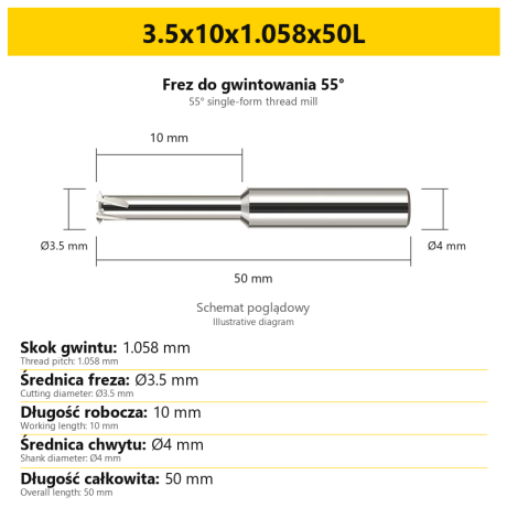 Go to product 55° Whitworth/BSW/BSF/BSP inch thread end mill for threading (pitch 1.377-2.540mm) - single edge, uncoated
