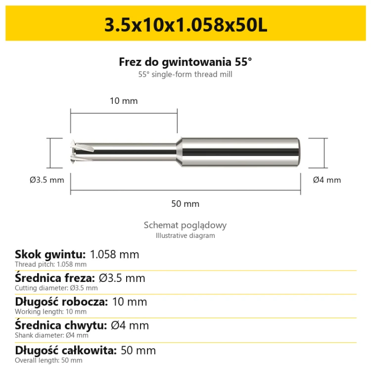Frez do gwintowania 55° 808 — 3.5x10x1.058x50L — PL/EN