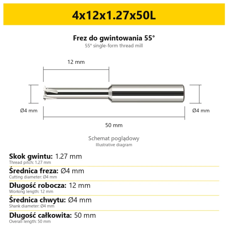 Frez do gwintowania 55° 808 — 4x12x1.27x50L — PL/EN
