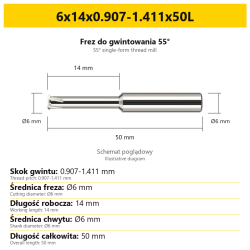 Frez do gwintowania 55° 808 — 6x14x0.907-1.411x50L — PL/EN