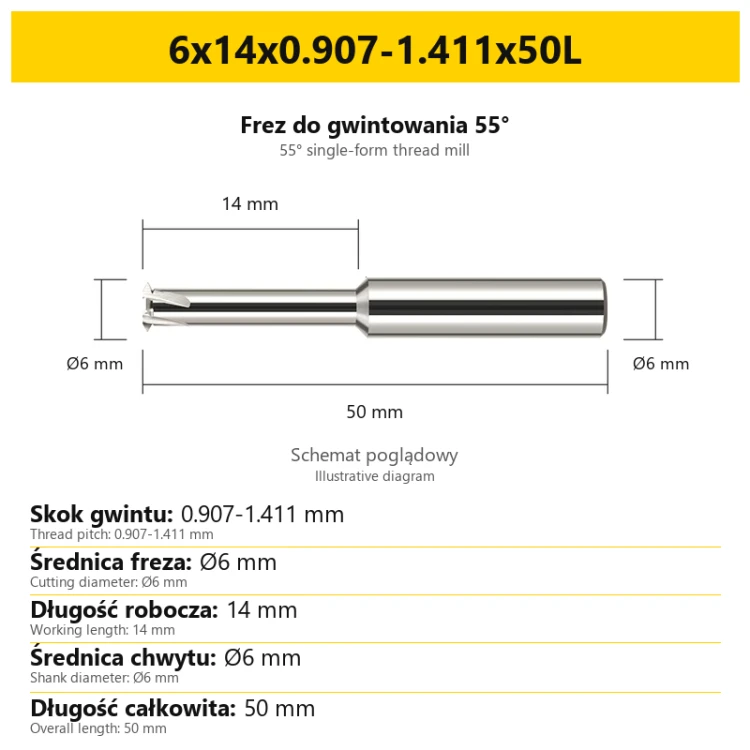 Frez do gwintowania 55° 808 — 6x14x0.907-1.411x50L — PL/EN
