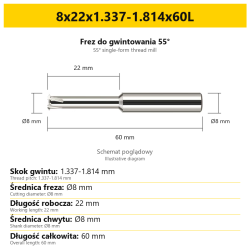 Frez do gwintowania 55° 808 — 8x22x1.337-1.814x60L — PL/EN