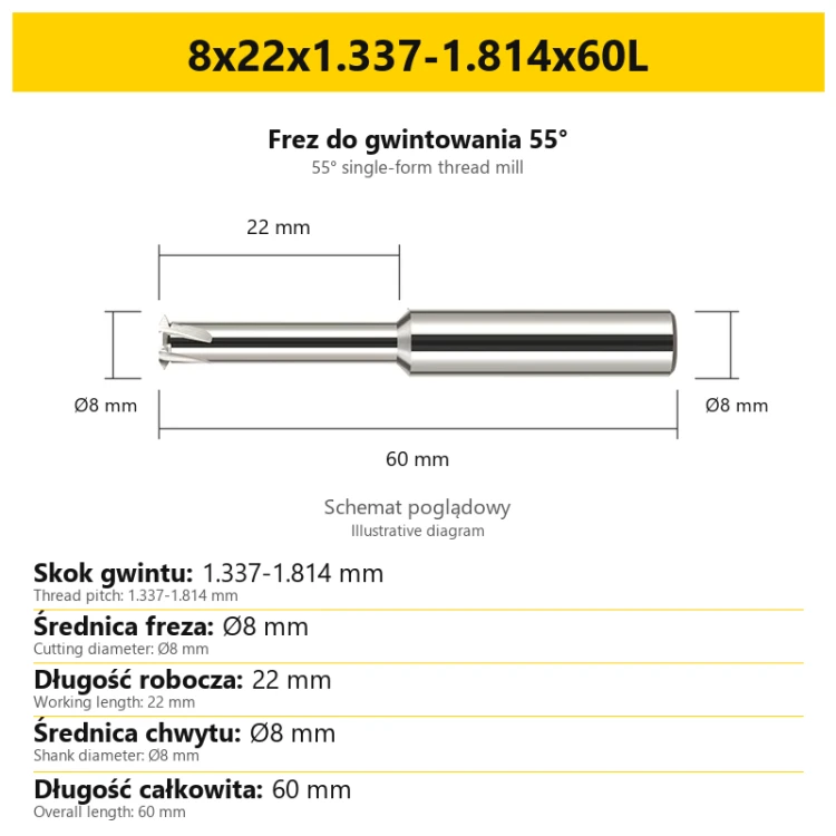 Frez do gwintowania 55° 808 — 8x22x1.337-1.814x60L — PL/EN