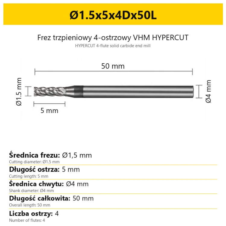 Frez trzpieniowy 4-ostrzowy VHM HYPERCUT Ø1.5x5x4Dx50L