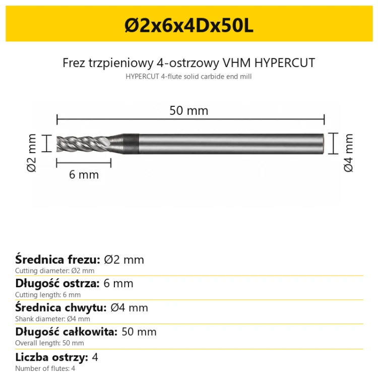 HYPERCUT 4-flute solid carbide end mill Ø2x6x4Dx50L