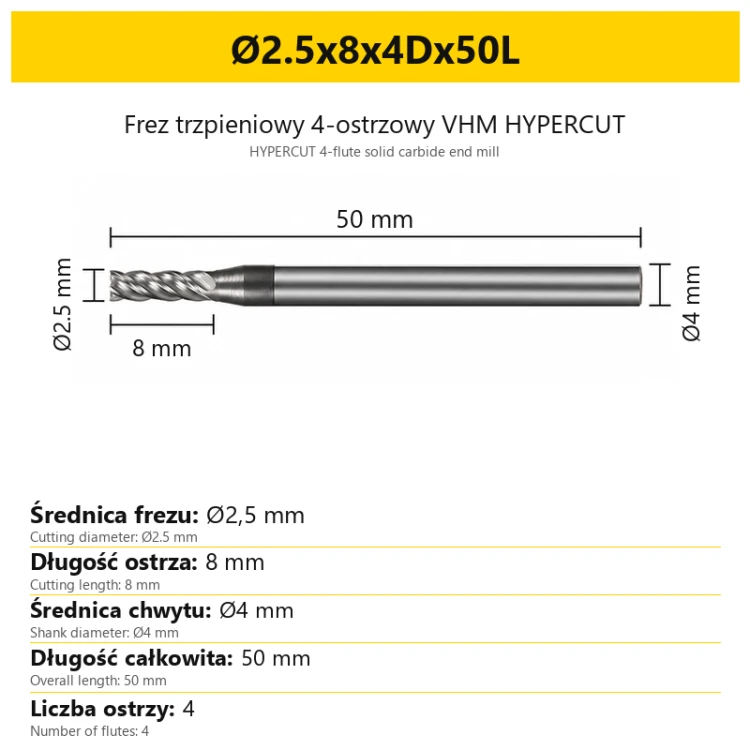 Frez trzpieniowy 4-ostrzowy VHM HYPERCUT Ø2.5x8x4Dx50L