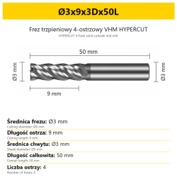 HYPERCUT 4-flute solid carbide end mill Ø3x9x3Dx50L