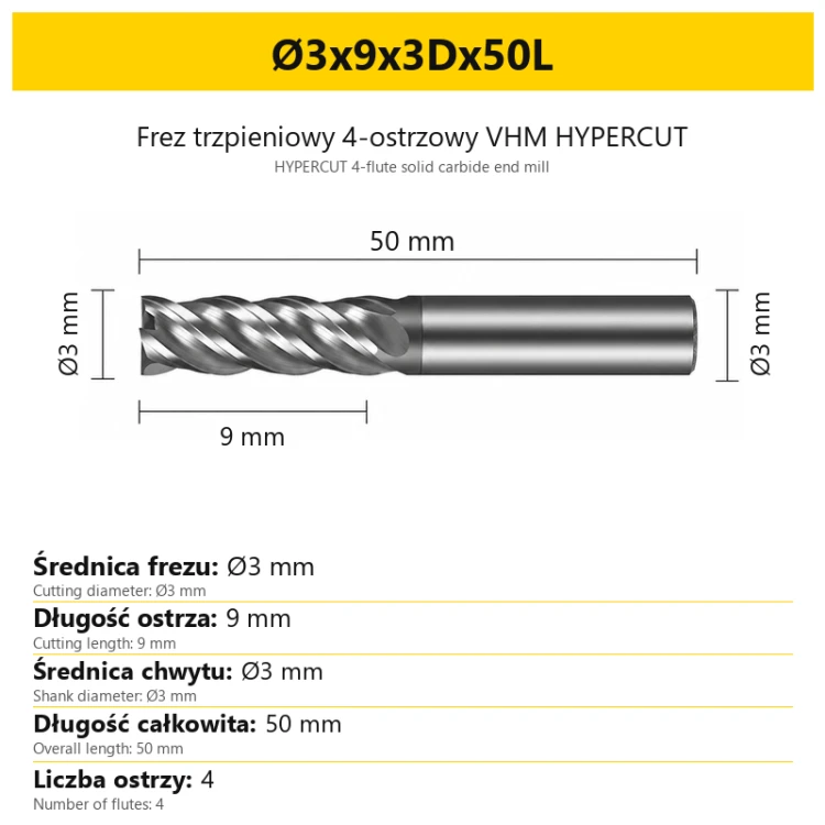 Frez trzpieniowy 4-ostrzowy VHM HYPERCUT Ø3x9x3Dx50L