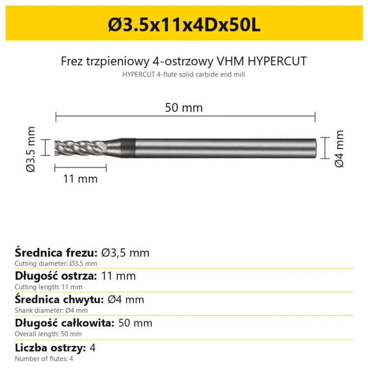 Frez trzpieniowy 4-ostrzowy VHM HYPERCUT Ø3.5x11x4Dx50L