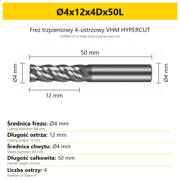 Frez trzpieniowy 4-ostrzowy VHM HYPERCUT Ø4x12x4Dx50L