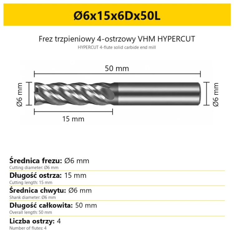 HYPERCUT 4-flute solid carbide end mill Ø6x15x6Dx50L