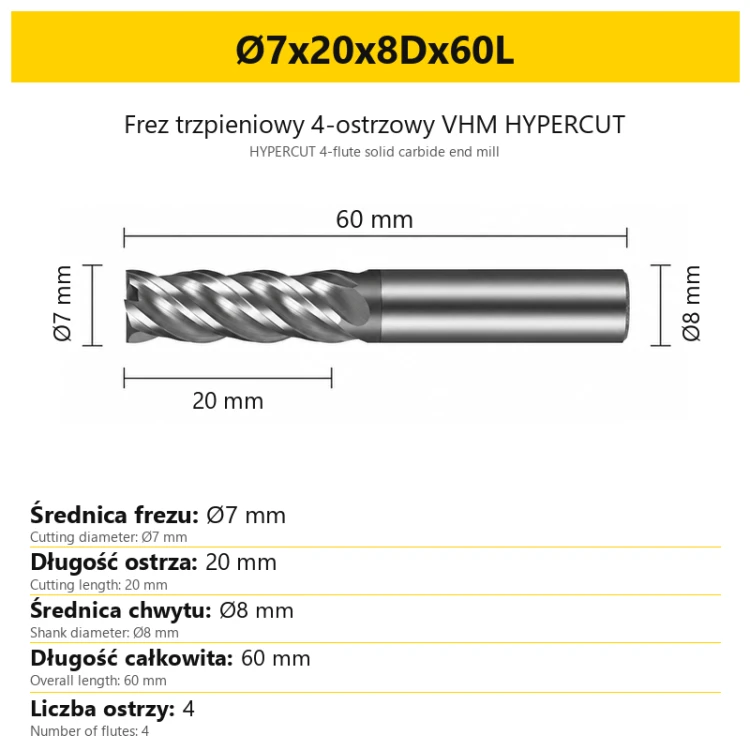 HYPERCUT 4-flute solid carbide end mill Ø7x20x8Dx60L