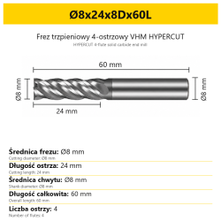 HYPERCUT 4-flute solid carbide end mill Ø8x24x8Dx60L