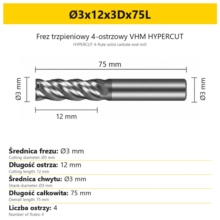 HYPERCUT 4-flute solid carbide end mill Ø3x12x3Dx75L
