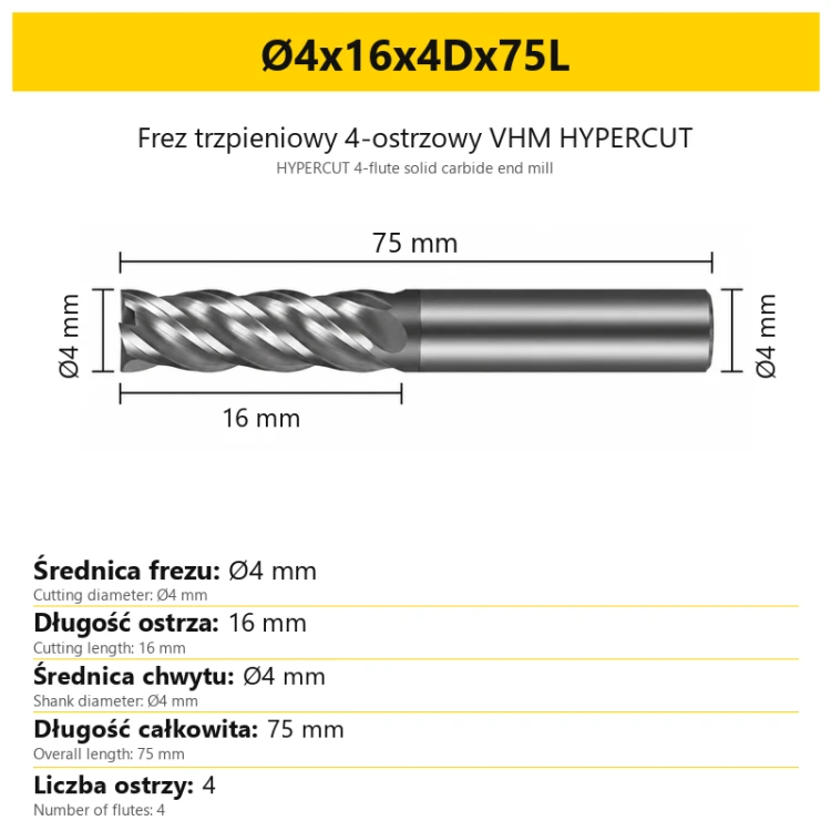 Frez trzpieniowy 4-ostrzowy VHM HYPERCUT Ø4x16x4Dx75L