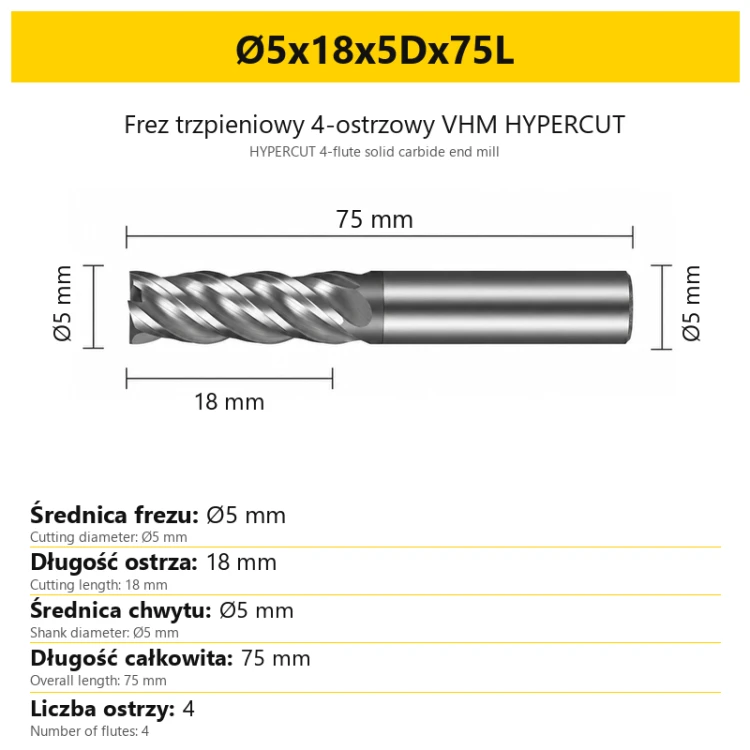 HYPERCUT 4-flute solid carbide end mill Ø5x18x5Dx75L