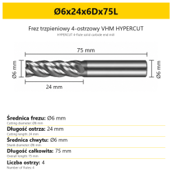 HYPERCUT 4-flute solid carbide end mill Ø6x24x6Dx75L