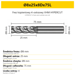HYPERCUT 4-flute solid carbide end mill Ø8x25x8Dx75L